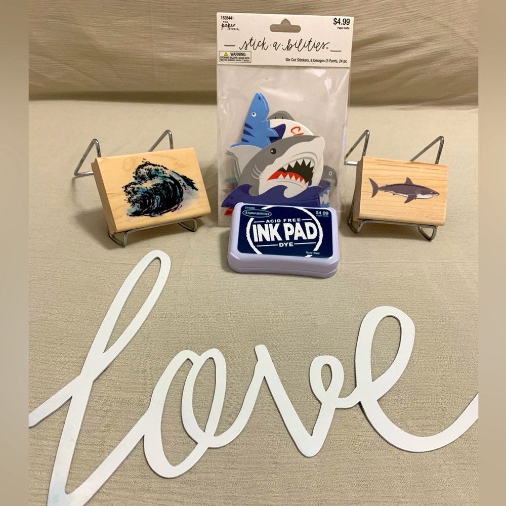24 pc Shark Stickers & 2 Rubber Stamps (Shark/Ocean Wave) & Ink Pad